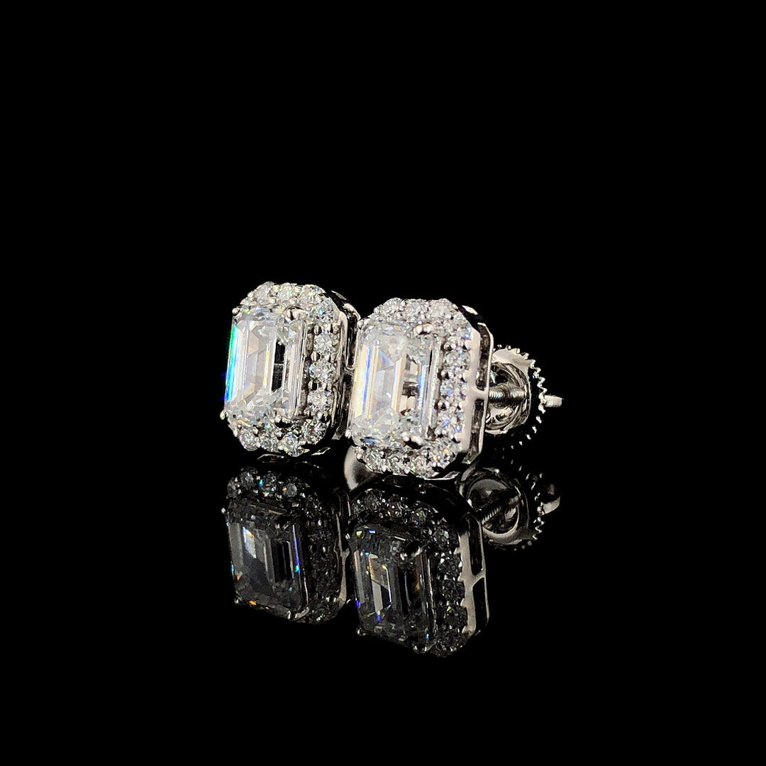 Emerald-Cut Halo Stud Earrings, 2 Stones 2.50ct Lab Grown Diamond With 18K Gold Settings, White, Yellow, Rose Gold