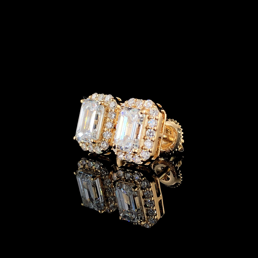 Emerald-Cut Halo Stud Earrings, 2 Stones 2.50ct Lab Grown Diamond With 18K Gold Settings, White, Yellow, Rose Gold