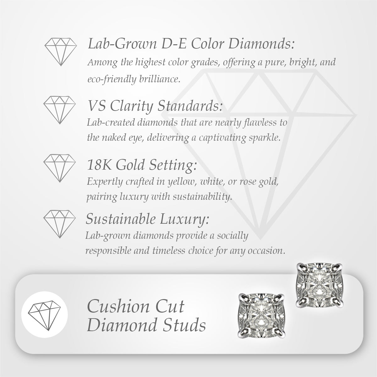 Cushion Cut Stud Earrings, 2 Stones .60ct, 1ct, 1.40ct, 2ct, 4ct Lab Grown Diamond With 18K Gold Settings, White, Yellow, Rose Gold
