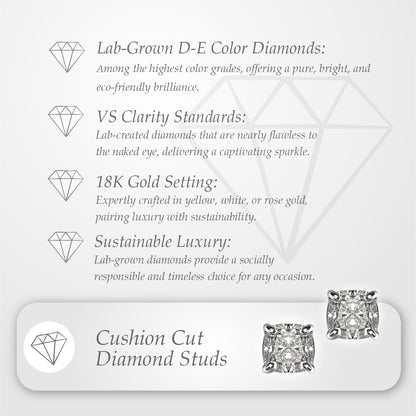 Cushion Cut Stud Earrings, 2 Stones .60ct, 1ct, 1.40ct, 2ct, 4ct Lab Grown Diamond With 18K Gold Settings, White, Yellow, Rose Gold