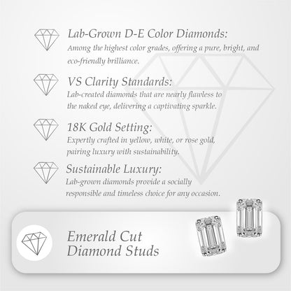 Emerald Cut Stud Earrings, 2 Stones 0.60ct, 1ct, 1.4ct, 2ct, 4ct Lab Grown Diamond With 18K Gold Settings, White Gold, Yellow Gold, Rose Gold
